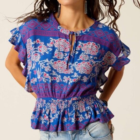 Ariat Women's Ruffle Sleeve Cortez Candelia Print Blouse Top Blue - Picture 1 of 4